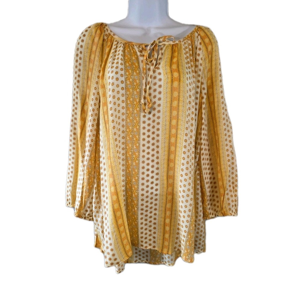 Como Vintage Blouse Womens XXL Yellow Peasant Blouse Tie Neck Feminine Dainty